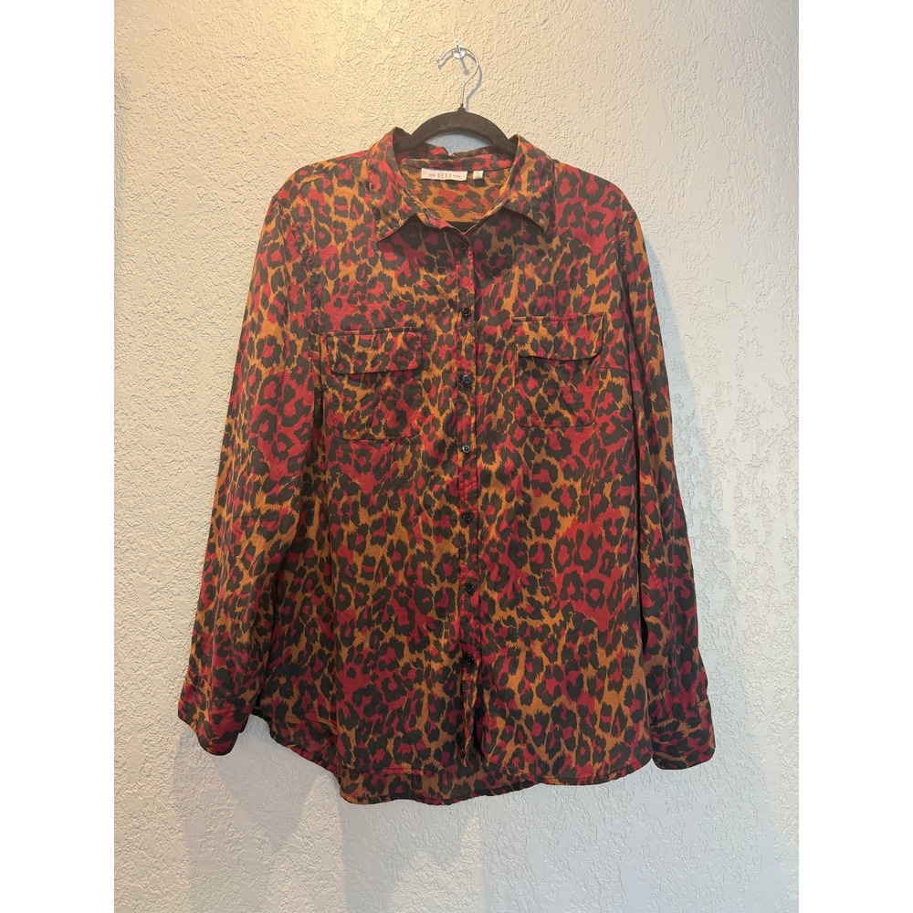 New Nexx York Red Leopard‎ Print 100% Silk Button Down Shirt XL Roll Tab Sleeve